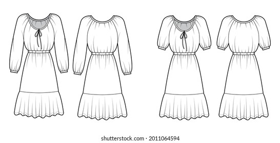 Set of Dresses peasant technical fashion illustration with long short sleeves, fitted body, knee length peplum pencil skirt. Flat apparel front, back, white color style. Women, men unisex CAD mockup