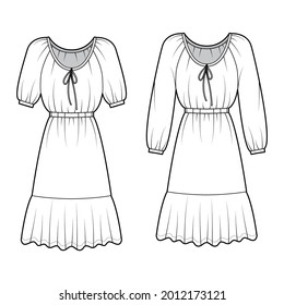 Set of Dresses peasant technical fashion illustration with long short sleeves, fitted body, knee length peplum pencil skirt. Flat apparel front, white color style. Women, men unisex CAD mockup