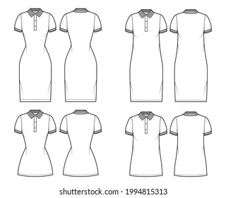 Set of Dresses polo fashion illustration with short sleeves, oversized fitted body, knee mini length pencil skirt, henley neckline. Flat apparel front, back, white color. Women, men unisex CAD mockup
