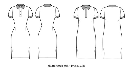 Conjunto de ilustraciones de moda de polo de Dreses con mangas cortas, cuerpo sobredimensionado, falda de lápiz de la longitud de la rodilla, cordón de henley. Delantero de ropa plana, espalda, color blanco. Mujeres, hombres unisex CAD mockup