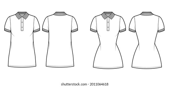 Juego de ilustraciones de moda de polo de Dreses con mangas cortas, cuerpo sobredimensionado, minifalda de lápiz de longitud, cordón de henley. Delantero de ropa plana, espalda, color blanco. Mujeres, hombres unisex CAD mockup