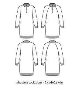 Set of dresses Polo Sweater technical fashion illustration with rib henley neck, classic collar, long raglan sleeves, oversized, trim. Flat apparel front, back, white color style. Women men CAD mockup
