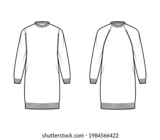 Set of dresses Rib Fisherman Sweaters technical fashion illustration with crewneck, long raglan sleeves, oversized, knee length, knit trim. Flat apparel front, white color. Women, men CAD mockup