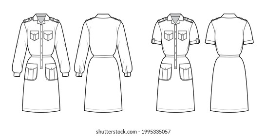 Set of Dresses safari technical fashion illustration with long short sleeves with cuff, flap cargo pockets, epaulettes, fitted body, knee length. Flat apparel front, back, white color. Women, men CAD