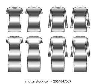 Set of Dresses sailor technical fashion illustration with stripes, long elbow short sleeve sleeveless, oversized fitted, knee mini length. Flat apparel front, back, white color. Women, men CAD mockup