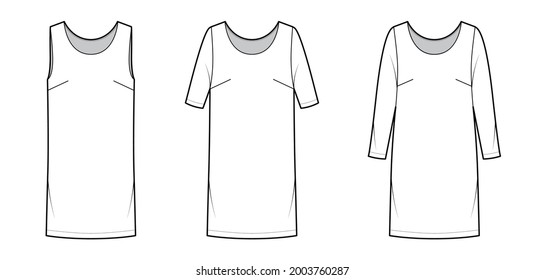 Set of Dresses shift chemise technical fashion illustration with long elbow short sleeve sleeveless, oversized body, knee length. Flat apparel front, white color style. Women, men unisex CAD mockup