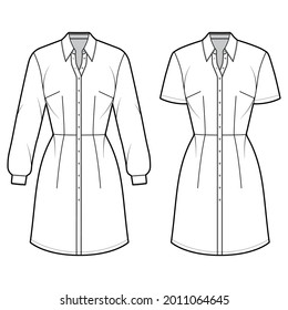 Set of Dresses shirt technical fashion illustration with long short sleeves, fitted body, knee length pencil skirt, classic collar, button closure. Flat apparel front, white color. Women, CAD mockup