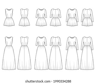 Set of dresses short long technical fashion illustration with long medium short sleeve, fitted body, floor length full skirt. Flat apparel front, back, white color style. Women, men unisex CAD mockup