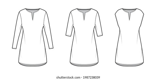 Set of dresses tunic technical fashion illustration with long elbow sleeves, oversized body, mini length skirt, slashed neck. Flat apparel front, white color style. Women, men unisex CAD mockup