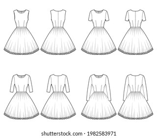 Set of Dresses tutu technical fashion illustration with long short sleeves, fitted body, knee length circular skirt. Flat ballet apparel front, back, white color style. Women, men unisex CAD mockup