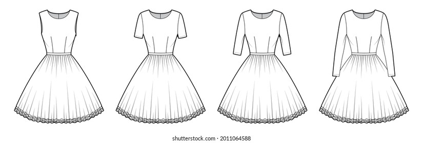 Set of Dresses tutu technical fashion illustration with long short sleeves, fitted body, knee length circular skirt. Flat ballet apparel front, white color style. Women, men unisex CAD mockup