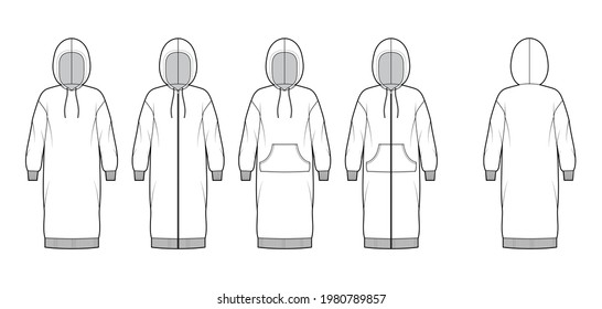 Set of Dresses zip-up hoody technical fashion illustration with long sleeves, kangaroo pouch, rib cuff oversized body, knee length skirt. Flat apparel front, back, white color. Women, men CAD mockup