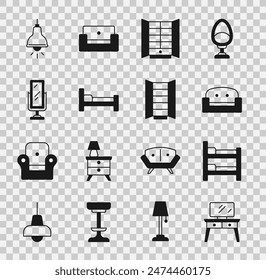 Set Dressing table, Bunk bed, Armchair, Wardrobe, Bed, Big full length mirror, Lamp hanging and  icon. Vector