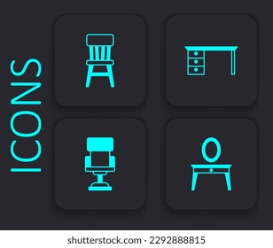 Set Dressing table, Chair, Office desk and chair icon. Black square button. Vector