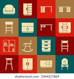 Set Dressing table, Chair, Wardrobe, Office desk, Armchair and  icon. Vector