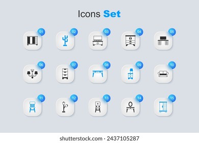 Set Dressing table, Chest of drawers, Coat stand, Chair, Wardrobe, Sofa,  and Office desk icon. Vector