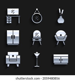 Set Vestido, lámpara de suelo, cajón, sillón, armario, caja de cambios e icono del soporte de TV. Vector