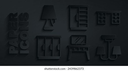 Set Mesa de vestir, escritorio de oficina, armario, lámpara de araña, y lámpara de mesa icono. Vector