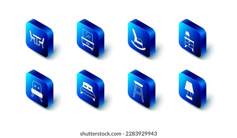 Mesa de vestir, silla de roca, puesto nocturno con lámpara, mesa, silla, cama grande, sillón e icono. Vector