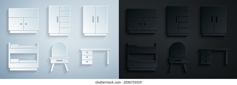 Set Dressing table, Wardrobe, Bunk bed, Office desk,  and  icon. Vector