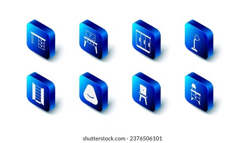 Set Dressing table, Wardrobe, Table lamp, Nightstand with, Chair, Pouf,  and Office desk icon. Vector
