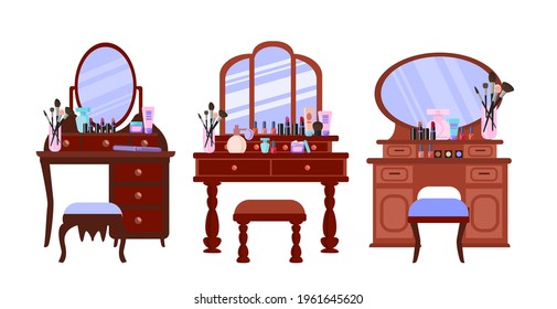  set of dressing tables with jewelry boxes, makeup brushes, combs and lipstick. Vector illustration in cartoon flat style. Vintage-style furniture. A place to apply makeup.