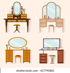 Set dressing tables of various designs. Flat style vector illustration.  Furniture for a feminine boudoir. A table for cosmetics.