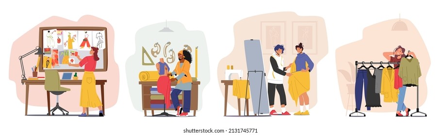 Set Dressmaker Create Apparel Collection, Projecting Model, Fitting on Mannequin or Client front of Mirror, Tailor Female Character Perform Trendy Clothes on Hanger. Cartoon People Vector Illustration