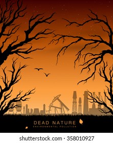 set of dried branches of trees with plants and factories at sunset