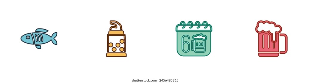 Set Dried fish, Bottle opener, Saint Patricks day calendar and Wooden beer mug icon. Vector