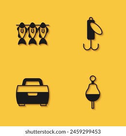 Set Dried fish, Fishing float, Case or box for fishing equipment and lure icon with long shadow. Vector