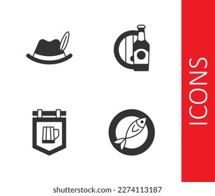 Set Dried fish, Oktoberfest hat, Street signboard with beer and Beer bottle and wooden barrel icon. Vector