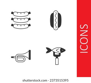Set Dried fish, Sausage, Trumpet and Hotdog sandwich icon. Vector