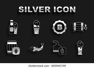 Set Dried fish, Wooden barrel, Glass of beer, Beer brewing process, Bottle cap with, bottle and glass and  icon. Vector