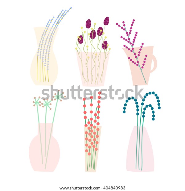 Set Dried Flowers Decoration Vases Vases Stock Vector Royalty