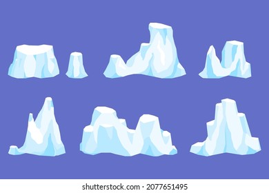 Set Of Drifting Iceberg. Ice Mountain, Large Piece Of Freshwater Blue Crystals Ice In Open Water. Antarctic South And North Pole Landscape. Icicle In Sea Or Ocean, Winter And Cold Theme. Vector.