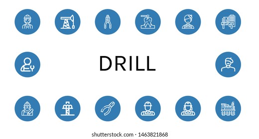 Set of drill icons such as Builder, Oil pump, Plier, Dental drill, Painter, Construction site, Carpenter, Drop tower, Pliers, Plumber, Oil rig , drill