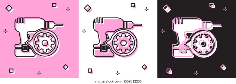 Set Drill machine and gear icon isolated on pink and white, black background. Adjusting app, service concept, setting options, maintenance, repair, fixing.  Vector Illustration