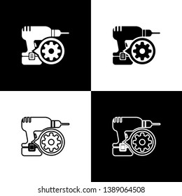 Set Drill machine and gear icons isolated on black and white background. Adjusting app, service concept, setting options, maintenance, repair, fixing. Vector Illustration