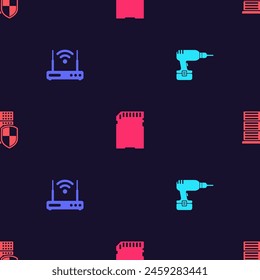 Set Drill machine, Router and wi-fi, SD card and Server with shield on seamless pattern. Vector