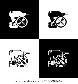 Set Drill machine with screwdriver and wrench icon isolated on black and white background. Adjusting, service, setting, maintenance, repair, fixing.  Vector Illustration