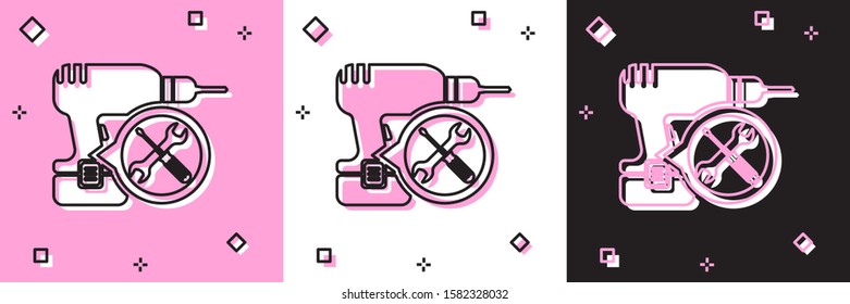 Set Drill machine with screwdriver and wrench icon isolated on pink and white, black background. Adjusting, service, setting, maintenance, repair, fixing.  Vector Illustration