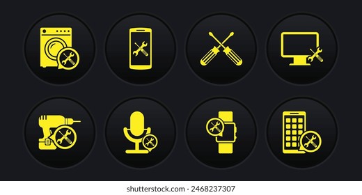 Set Drill machine service, Computer monitor, Microphone, Smartwatch, Crossed screwdrivers, Smartphone, Mobile Apps and Washer icon. Vector