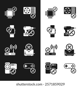 Set Drill machine service, Smartwatch, Processor, Air conditioner, Router wi-fi, Toaster, Gamepad and Video camera icon. Vector