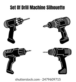 Set of Drill Machine Silhouettes - Black and White Illustrations of Electric Hand Drills for Construction, DIY Projects, and Tool Design