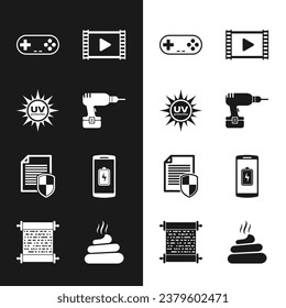 Ajuste el icono de carga de batería de la máquina de taladros, protección UV, Gamepad, reproducción de vídeo, documento y Smartphone. Vector
