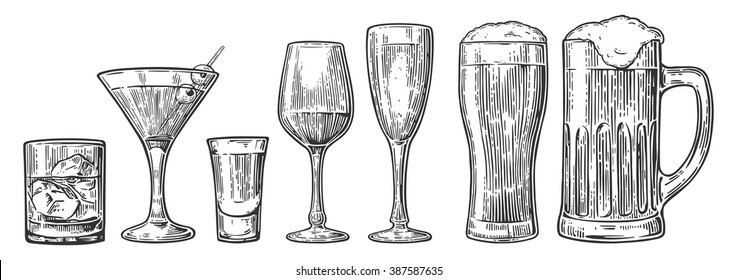 Set drink alcohol  glass for beer, whiskey, wine, tequila, cognac, champagne, brandy, cocktails, liquor. Vector engraved illustration isolated on white  vintage background.