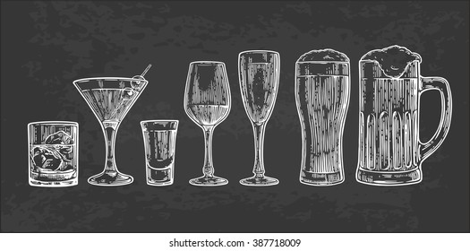 Set drink alcohol glass for beer, whiskey, wine, tequila, cognac, champagne, brandy, cocktails, liquor. Vector engraved illustration isolated on dark vintage background.