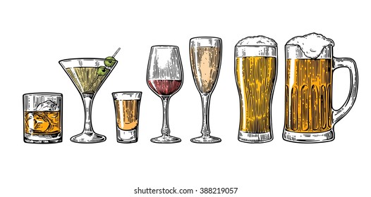 Set drink alcohol glass for beer, whiskey, wine, tequila, cognac, champagne, brandy, cocktails, liquor. Vector engraved illustration isolated on dark vintage background.