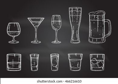 Set drink alcohol glass for beer, whiskey, wine, tequila, cognac, champagne, brandy, cocktails, liquor. Vector illustration isolated on white background.